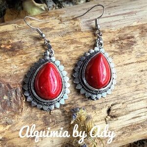 Red Turquoise and silver dangle big 10mm drops earrings/